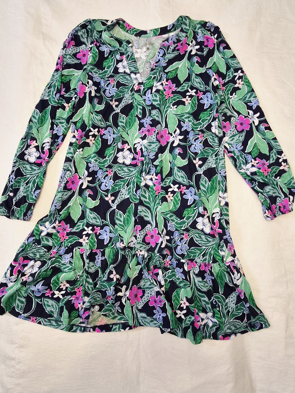 Lilly Pulitzer Navy Floral V-Neck Dress with Green & Pink Accents